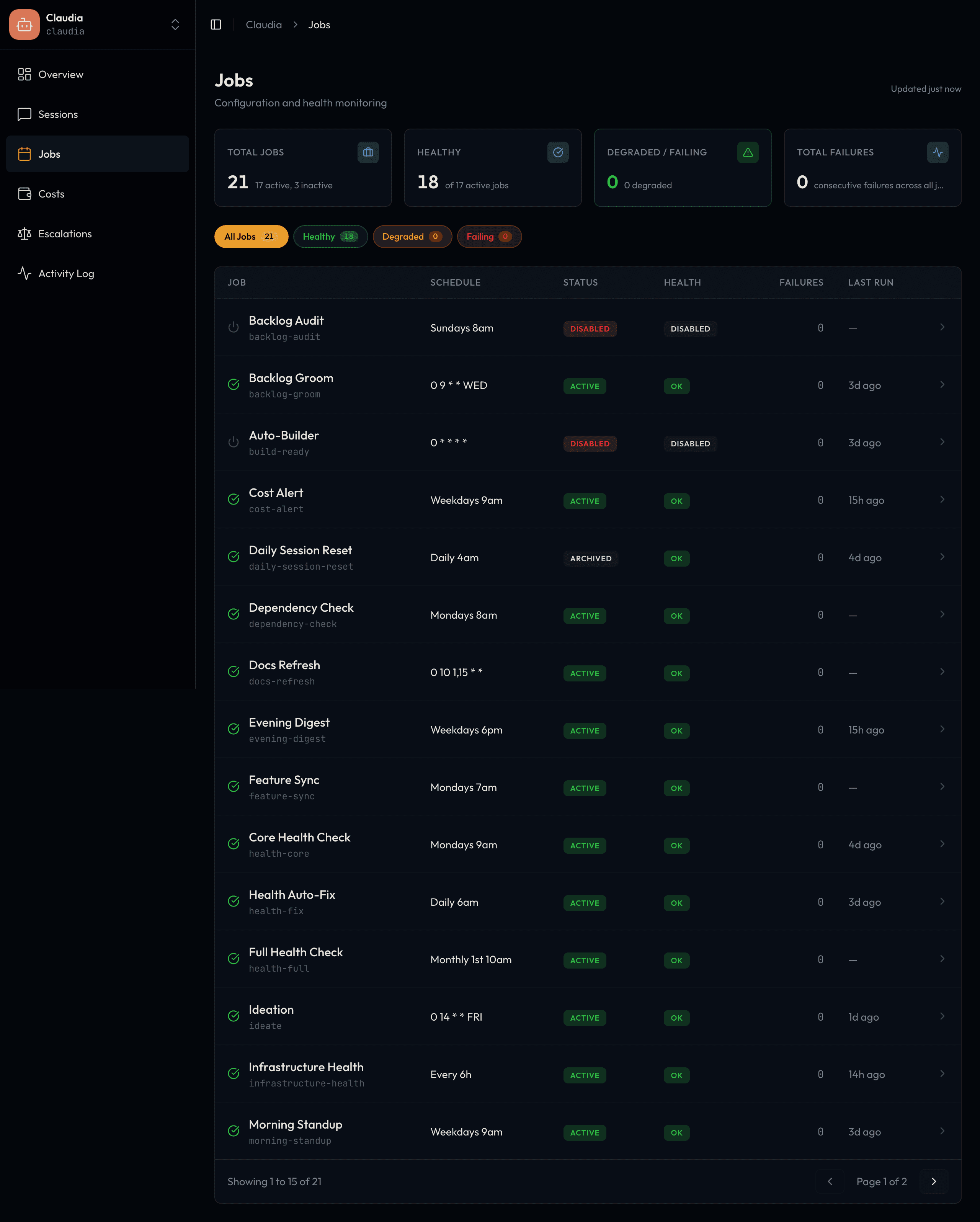 Claudia dashboard Automated Tasks screen