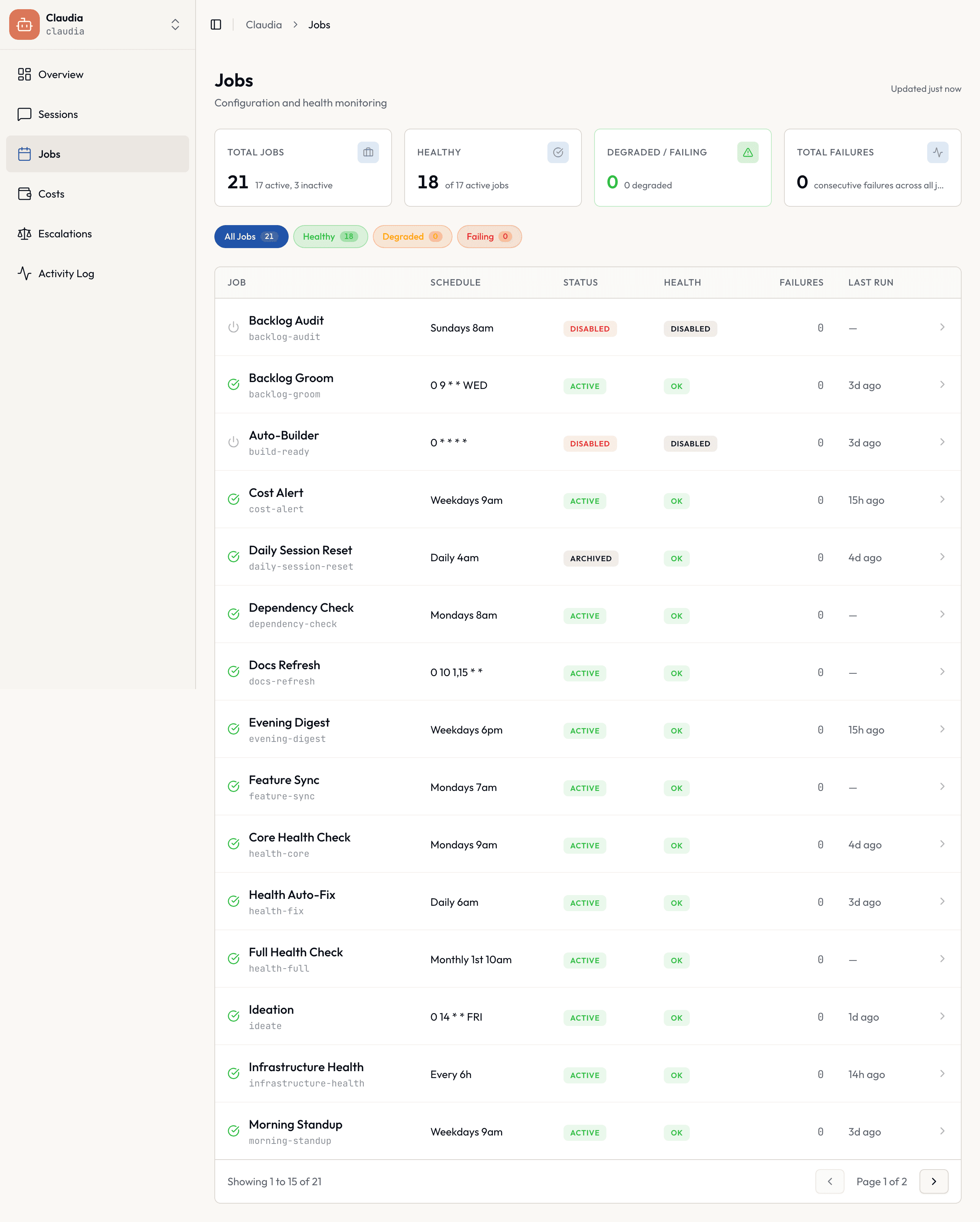 Claudia dashboard Automated Tasks screen