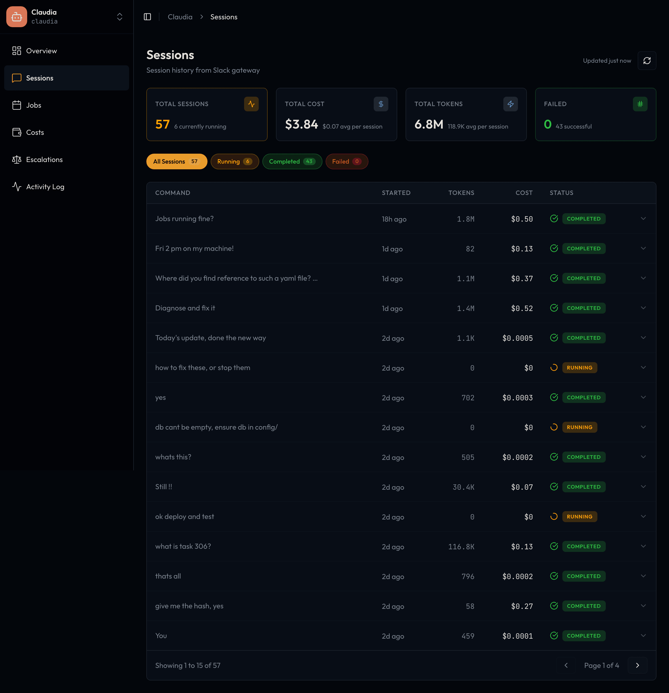 Claudia dashboard Sessions screen