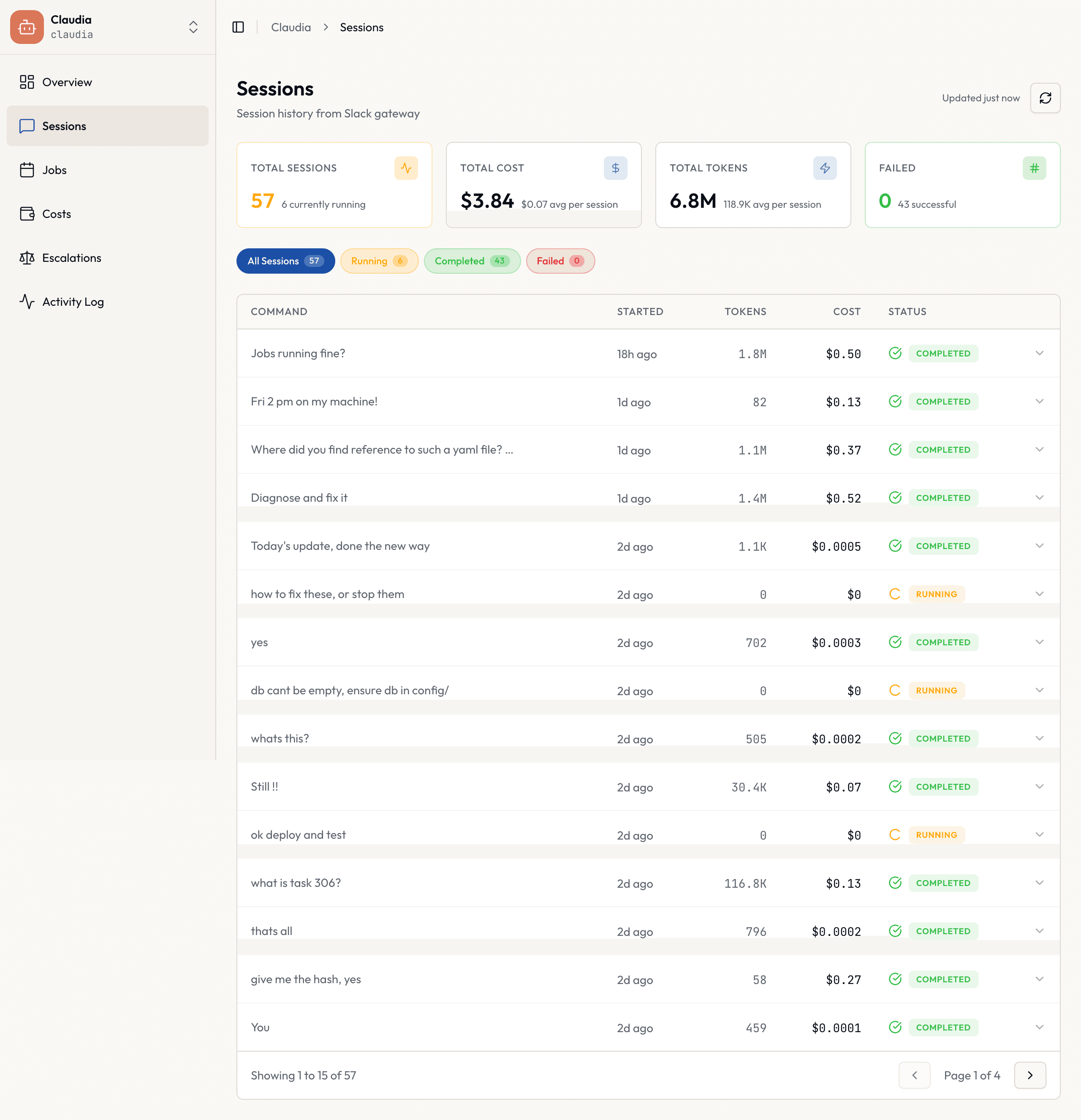 Claudia dashboard Sessions screen