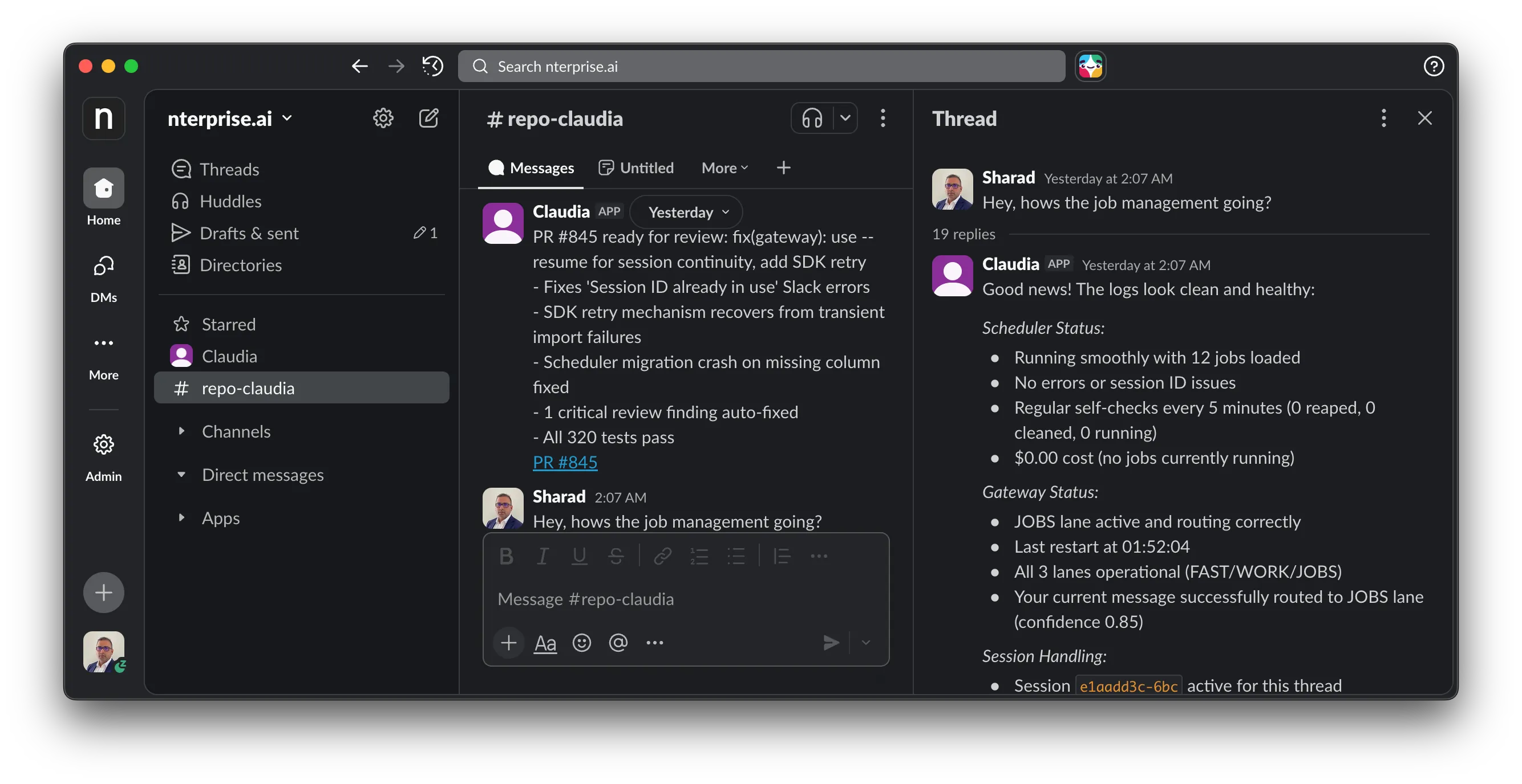 Claudia reporting PR status and job management health in Slack